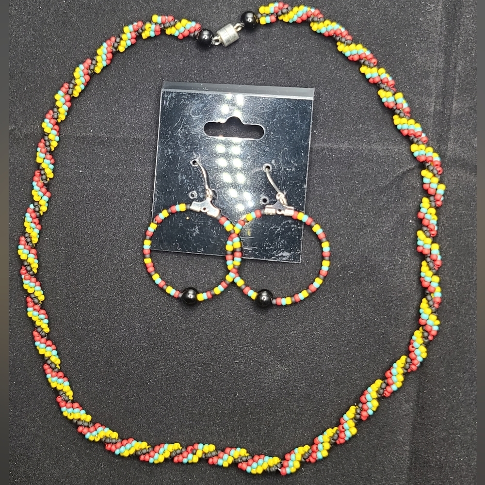 Rasta Reggae Multicolor seed beads Multistrand twist Necklace & Earrings Handmad - Picture 6 of 11